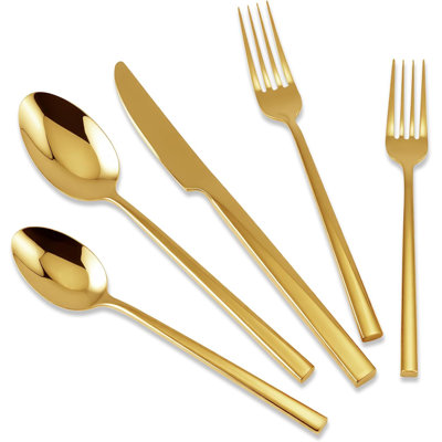 Premium 18/10 Stainless Steel Flatware Set Hand Forged Mirror Polished Gold Cutlery Set With Cuboid Handle 20-Piece Service For 4
