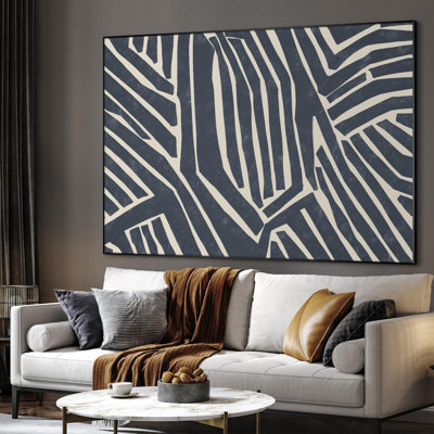 Art mural encadré, motif de labyrinthe géométrique bleu marine, illustration abstraite de style tribal audacieux pour la maison, le salon, la chambre à coucher (assemblage requis)