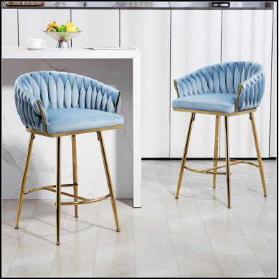 Ensemble de 2 tabourets de bar de 26 po à hauteur de comptoir avec dossier ondulé à la main, base dorée et repose-pieds pour le confort des îlots de cuisine