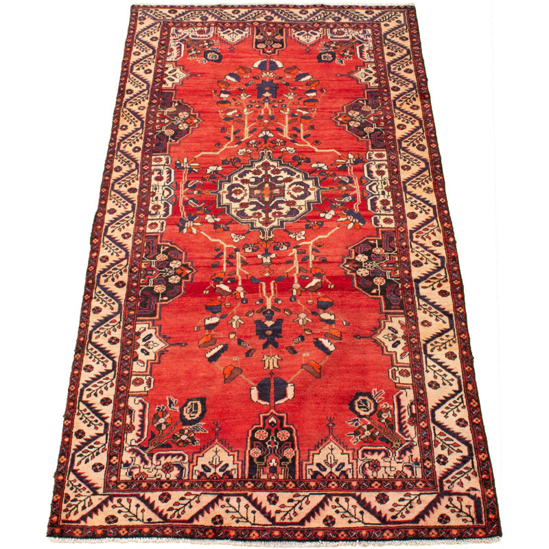 Tapis décoratif en laine de conception unique noué à la main gris kula rouge/beige 4 pi 6 po x 9 pi 1990s