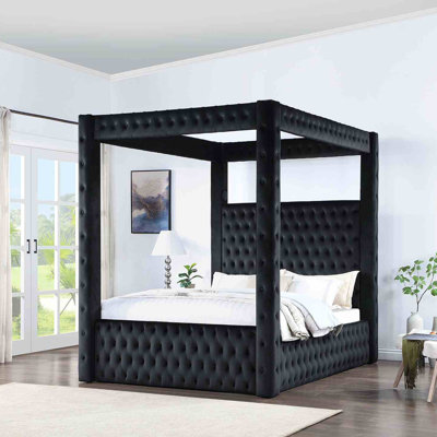 1pc Bed Canopy Poster Bed Fully Upholstered Frame Tufted Headboard Bedroom Furniture