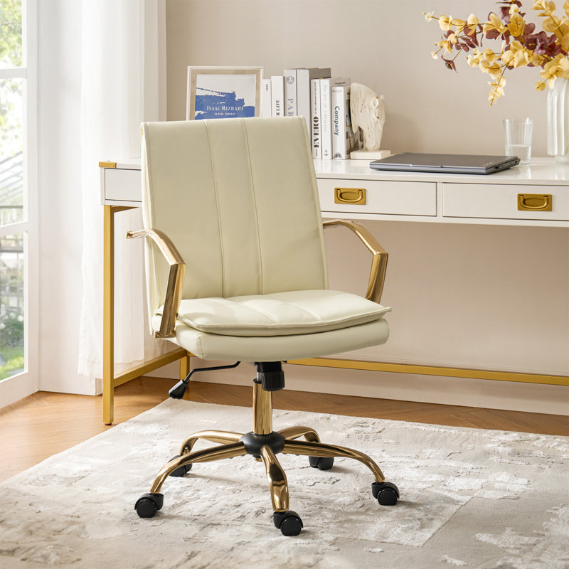 Jehu Modern Leather Rocking Tilting Office Chair with Metal Armrests and Legs, Ivory