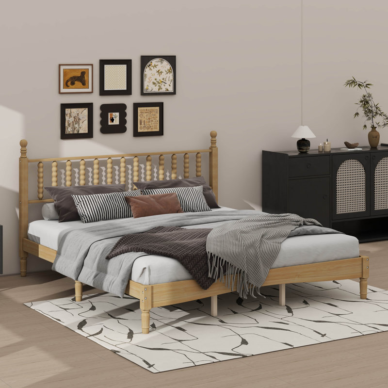 Structure de lit très grand classique en bois avec tête de lit en forme de gourde, lit plateforme rétro, Très grand lit
