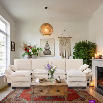 Wauseon 129.92" Corduroy U-shaped Sofa, A dual-layer cushion system ,Two Movable Ottoman.