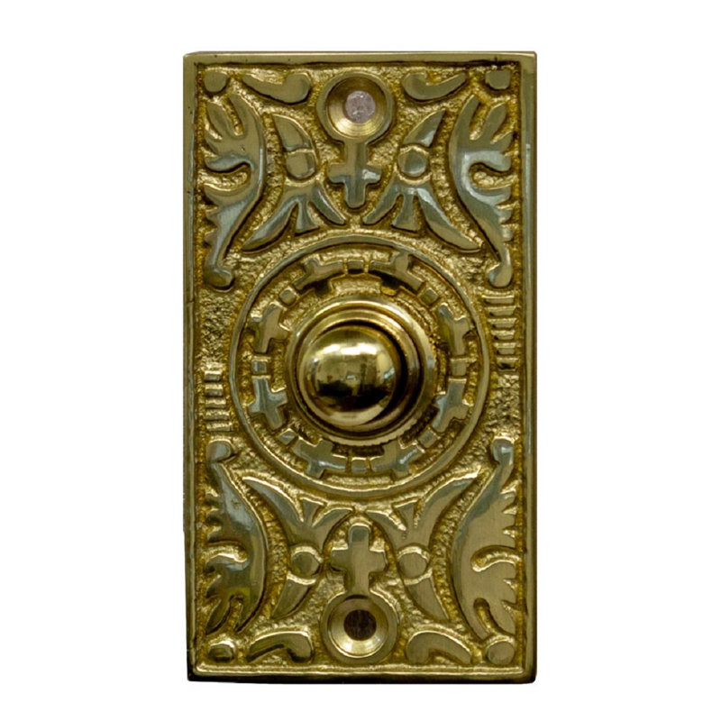 Bouton de sonnette rectangulaire orné, Laiton poli