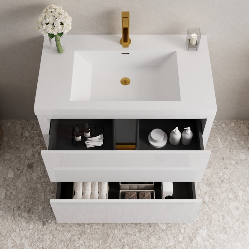 Meuble-lavabo autoportant de 36 po de style moderne avec comptoir à surface solide intégré et lavabo, 2 tiroirs à fermeture en douceur