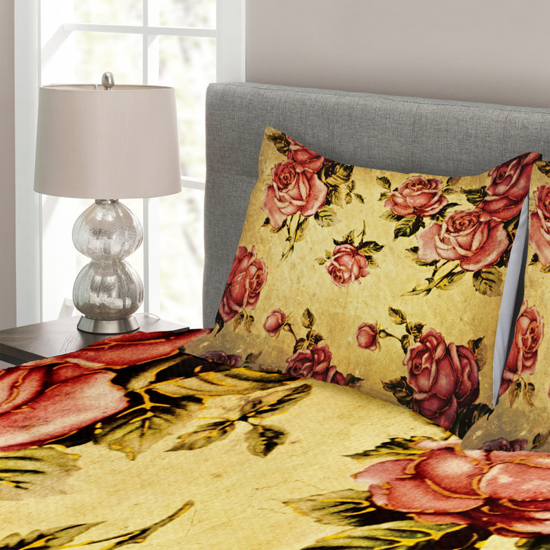 Cream/Pink/Green Polyester Bedspread Set, 220 x 264 cm