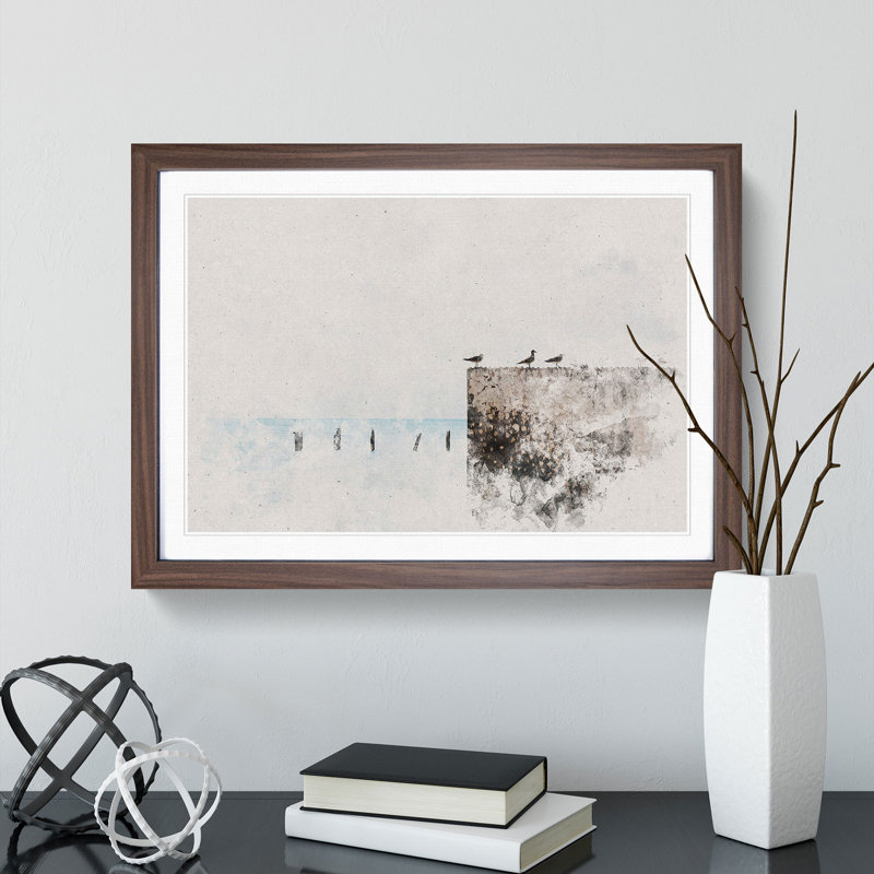 Seagulls by The Sea Watercolour - Picture Frame Graphic Art, 65cm H x 90cm W x 2cm D, Walnut