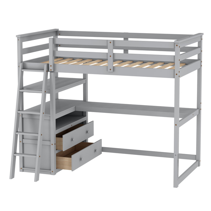 Ertis Twin 2 Drawer Solid Wood Loft Bed with Built-in-Desk by Harriet Bee, Gray