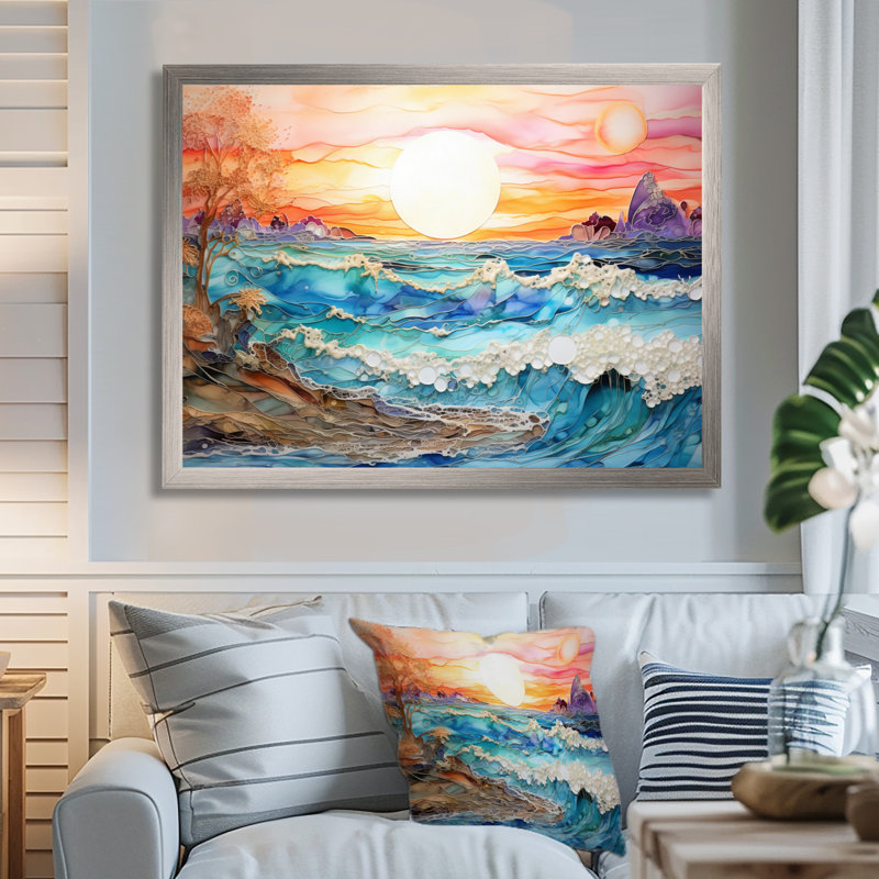 Rainbow Ocean Sunrise - art mural océan, H 12 po x l 20 po x P 1 po, Cadre simple argenté