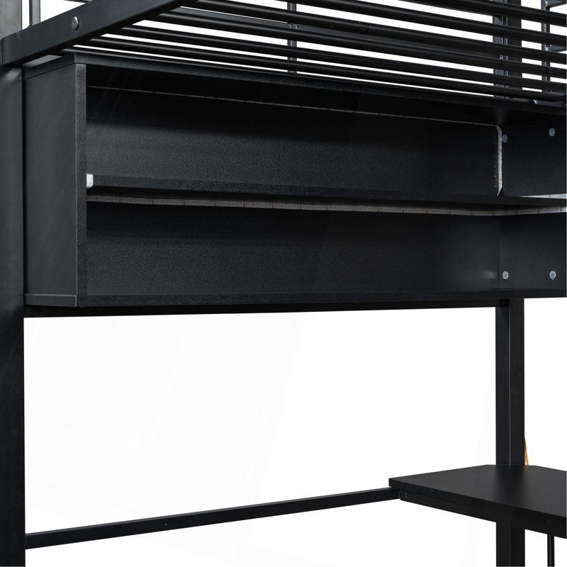 Lit mezzanine simple en métal avec DEL, bureau et 4 tablettes de rangement, noir