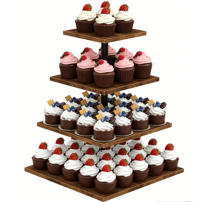 4-Tier 360° Rotating Cupcake Stand – Holds 50 Cupcakes, Square Wooden Dessert Display Tower For Party, Wedding, Graduation, Birthday, Baby Shower