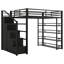 Grand lit mezzanine en métal avec tablettes de rangement, armoires et garde-robe, structure noire peu encombrante
