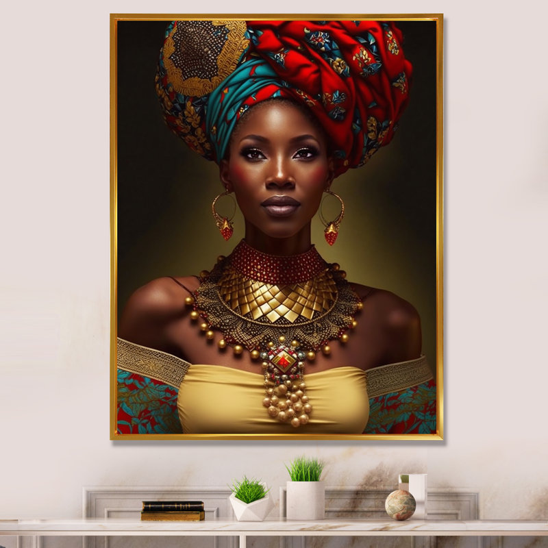 Cracraft «African Queen» avec collier doré traditionnel sur toile, H 32 po x l 16 po x P 1 po, Cadre flottant doré