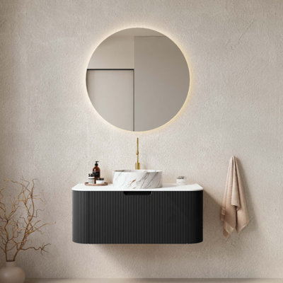 Meuble-lavabo de salle de bain, lavabo de salle de bain flottant à bords arrondis avec tiroir, lavabo rond en céramique avec motif en pierre et plateau en pierre frittée, pré-assemblé