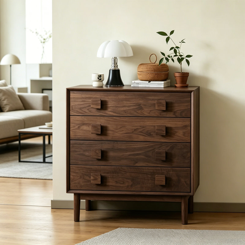 Commode d'appoint rétro à poignée carrée, Noyer