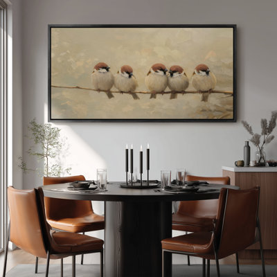 Art mural encadré, charmants moineaux assis sur une branche dans des tons neutres doux - 16 po x 24 po, 24 po x 36 po