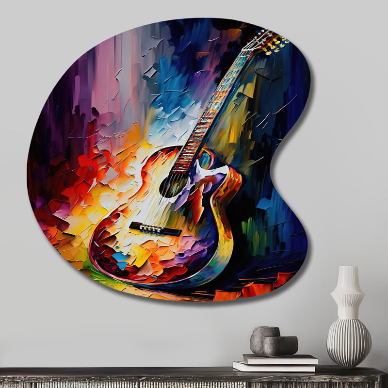 «Guitare sur scène I», art mural métallique en forme de goutte de musique, H 27 po x l 27 po