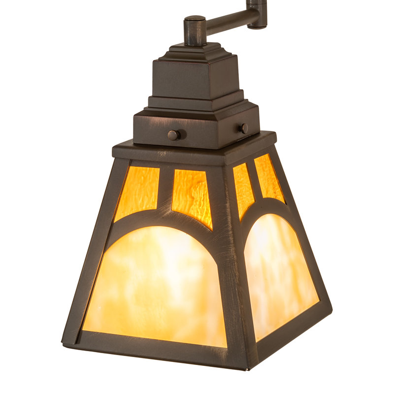 Antique Brass Swing Arm Sconce with Amber Glass Shade