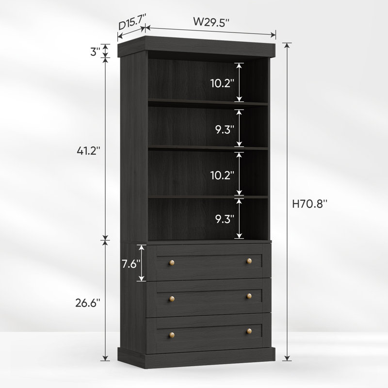 Bibliothèque standard H 71 "avec 3 tiroirs et 4 tablettes ouvertes, rangement en bois moderne, Noir, 1