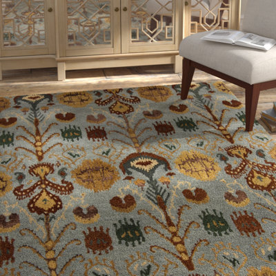 Donik Authentic Hand Tufted Handmade Blue, Gray, Brown, Red, Orange, Yellow, Green & Teal Botanical Ikat Floral Geometric Wool & Viscose Area Rug