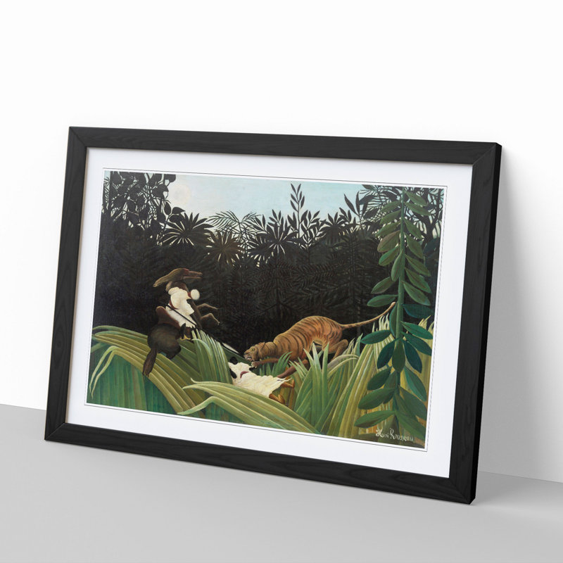 Scouts Attacked by a Tiger by Henri Rousseau - Picture Frame Painting on MDF, 48cm H x 65cm W x 2cm D, Black Framed