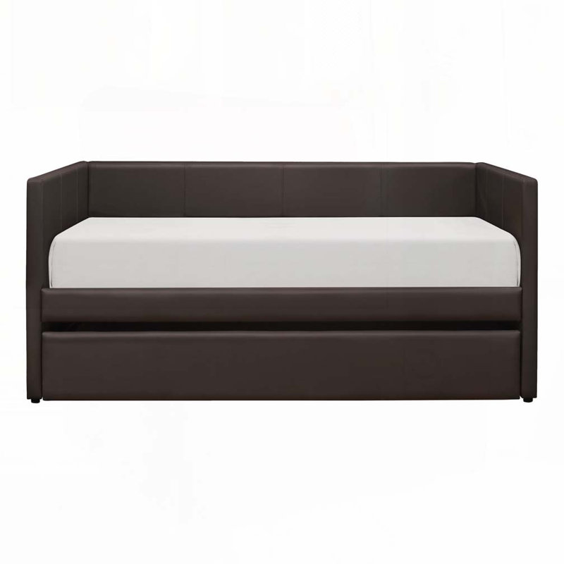 Faux Leather Upholstered Daybed with Trundle, Brown