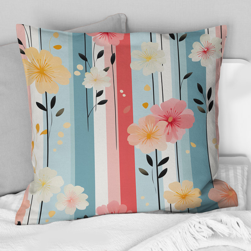 Coussin décoratif rétro en polyester à rayures et fleurs pastel, H 16 po x l 16 po