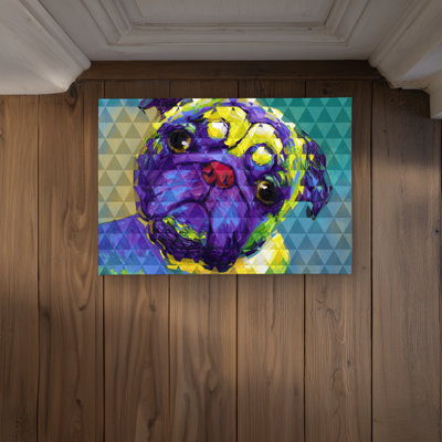 Geometric Curious Pug Green Indoor Outdoor Door Mat | Home Decor