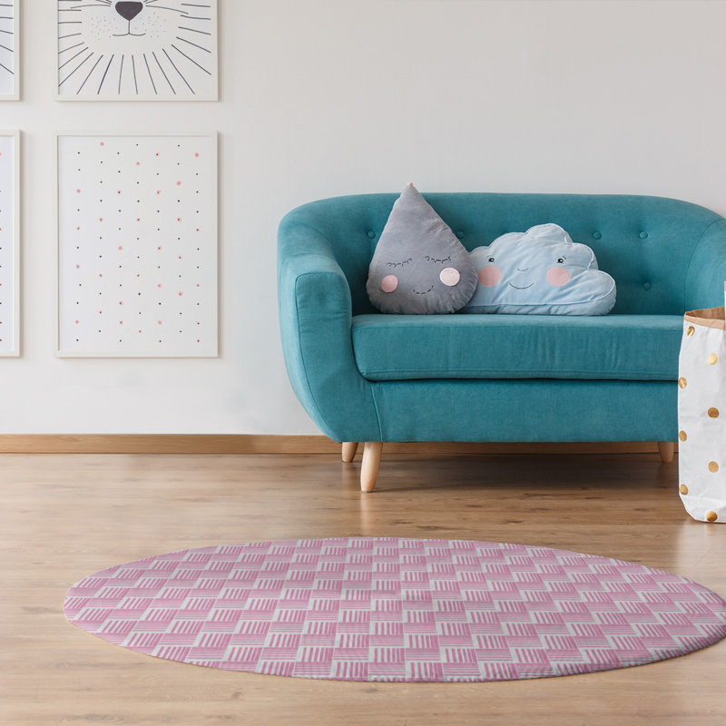 Tapis rose/blanc rayures basketweave, Rond 5 pi