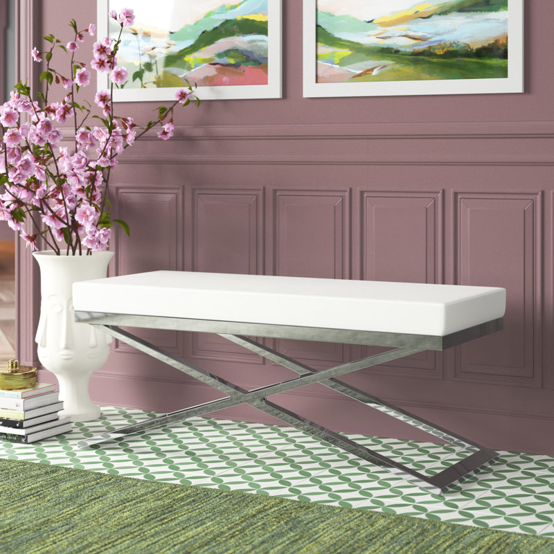 Serena Faux Leather Upholstered Bench, White/Silver