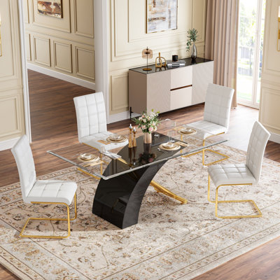 Rectangular Glass Dining Table Set, 0.39" Tempered Glass Tabletop With X-Shaped Base And 4 PU Leather C-Base Chairs (5-Piece Set)