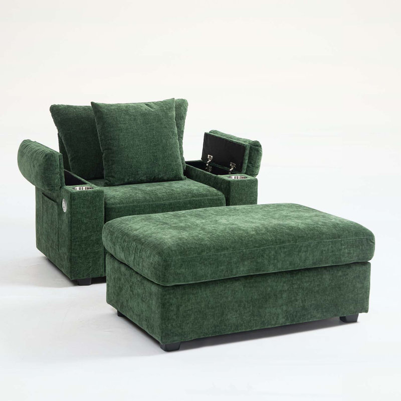 Green Chenille Oversized Armchair with Ottoman, Cupholders, and USB Charging Ports