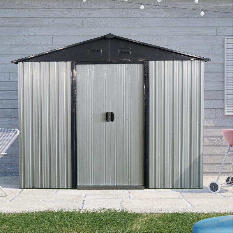 Outdoor Metal Storage Shed 8Ft X 4Ft - White & Black. Galvanized Iron Frame. Spacious For Equipment. Sloped Roof Lockable Door. Ventilated Interior. Includes Foundation, Anchors, Hooks, Shelf, Lock