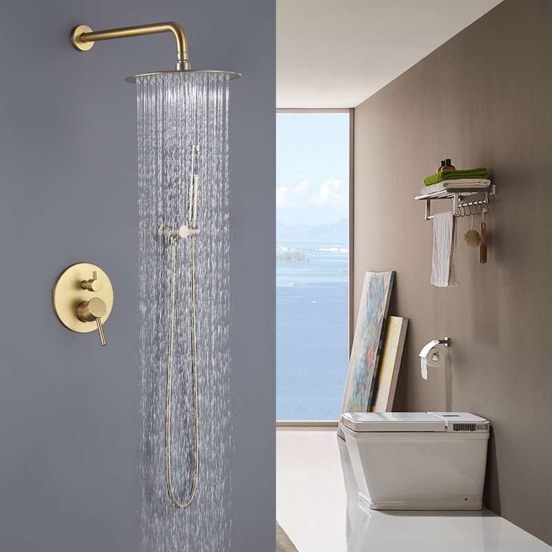 2-Setting 10" Round Shower System Including Rain Shower Head and Handheld Spray with Pressured-Balanced Valve, Brushed Gold