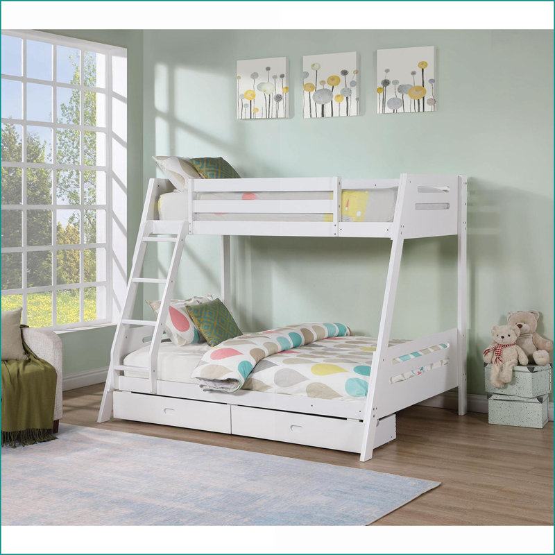 Lit superposé simple au dessus d'un lit double en bois massif avec échelle réversible et amp; 2 tiroirs sous le lit à finition blanche pour la deuxième chambre