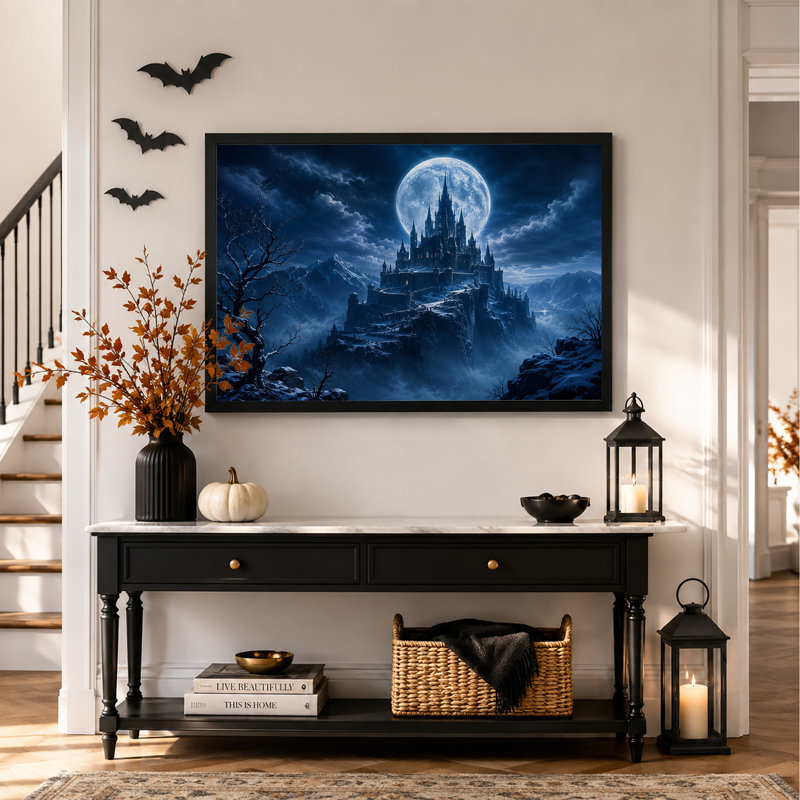 " Gothic Castle On Snowy Cliff Under Giant Full Halloween " Painting Print, H 12 po x l 18 po