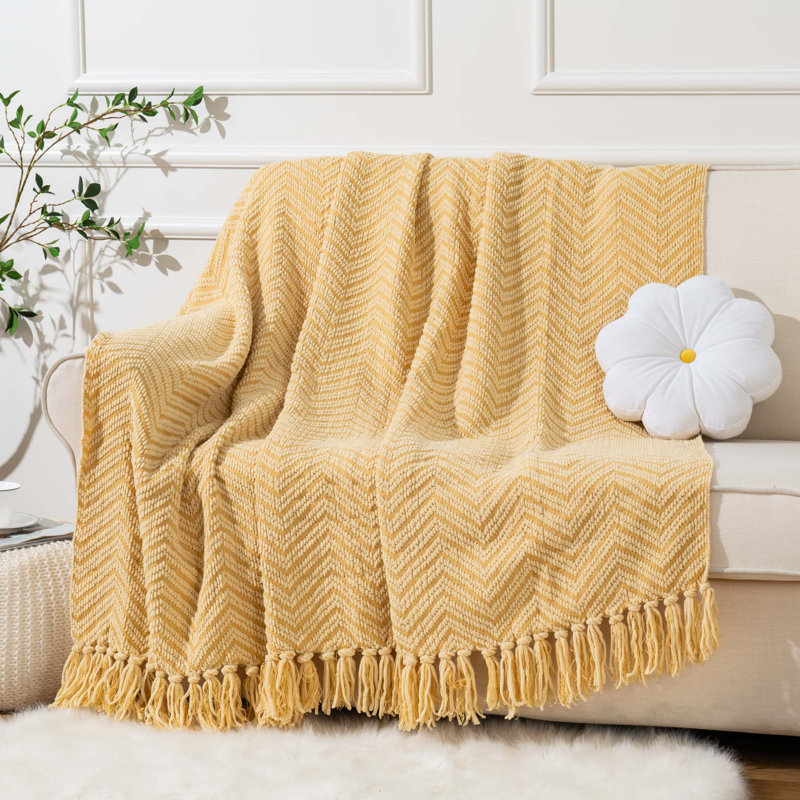 Yellow Knitted Chenille Throw Blanket, 130cm x 150cm