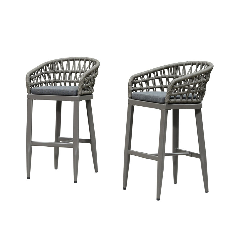  Outdoor Wicker 29" Bar Stools Set Of 2, Boho Patio Bar Height Chair With Cushion, Smoke Gray