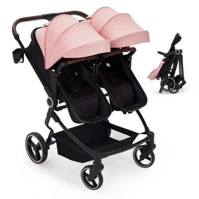 Poussette double côte à côte légère pour les jumeaux - pliante compacte, siège haut pour paysage, inclinaison et pavillon réglables, harnais à 5 points, porte-gobelet pour parent - poussette pour bébé simple - rose