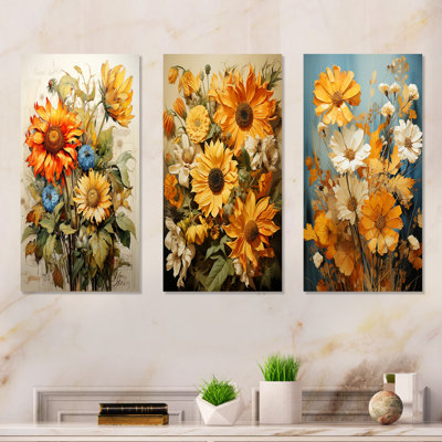 Vintagea Sunshine Sunflowers - ensemble de 3 impressions de tournesols en métal