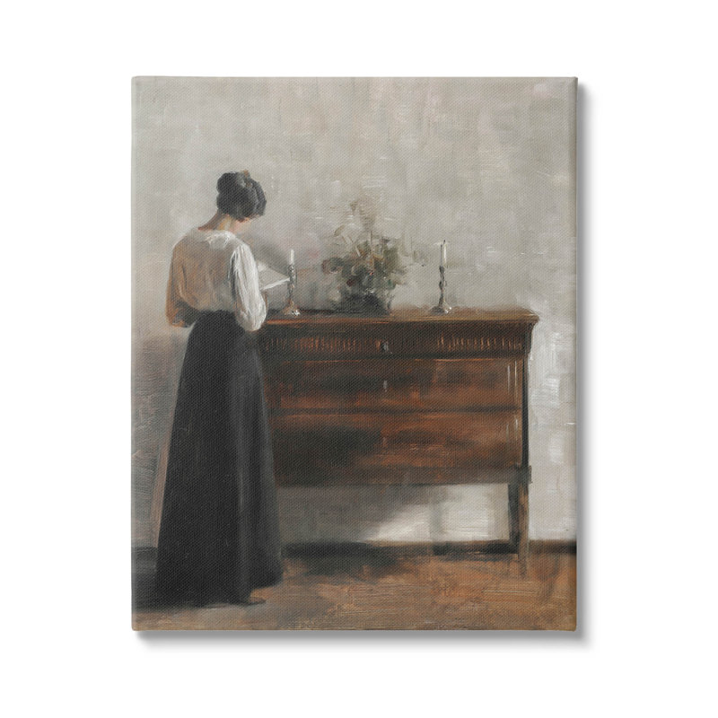 Femme classique en robe lisant une estampe numérique avec lettres et lignes, H 30 po x l 24 po x P 1,5 po