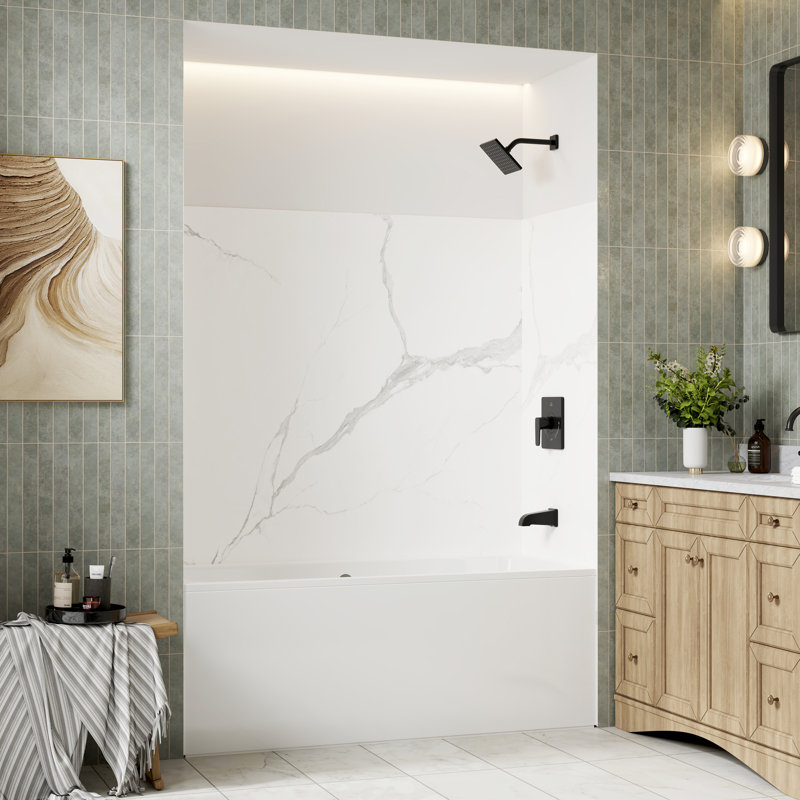 60"W 75"H Marble Textured Glue-Up SMC Shower Wall Panel Surround, Quick Install, 75" H x 60" W x 36" D