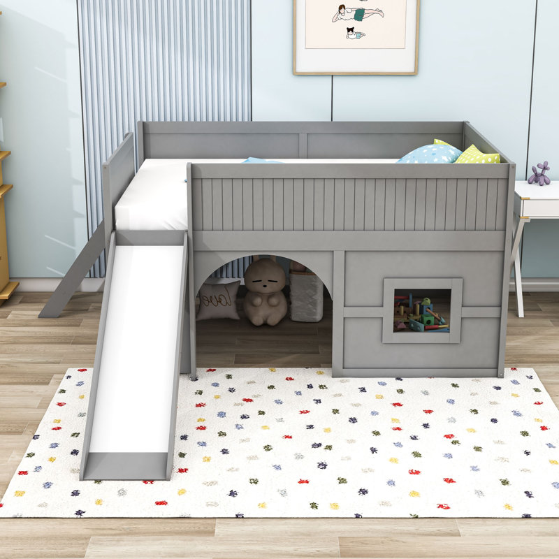 Lit mezzanine double en bois pleine grandeur avec glissière intégrée, tablettes de rangement et échelle, Gris