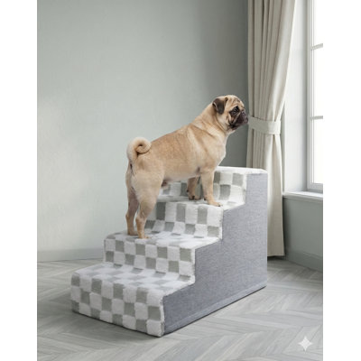 Supportive Four-Tier Pet Steps for Small Dogs and Cats, Designed for Bed, Couch, Sofa, and Chair Access, Includes Non-Slip Surface and Removable Washable Cover (Dimensions: 24" D x 15" W x 17.5" H), Grey