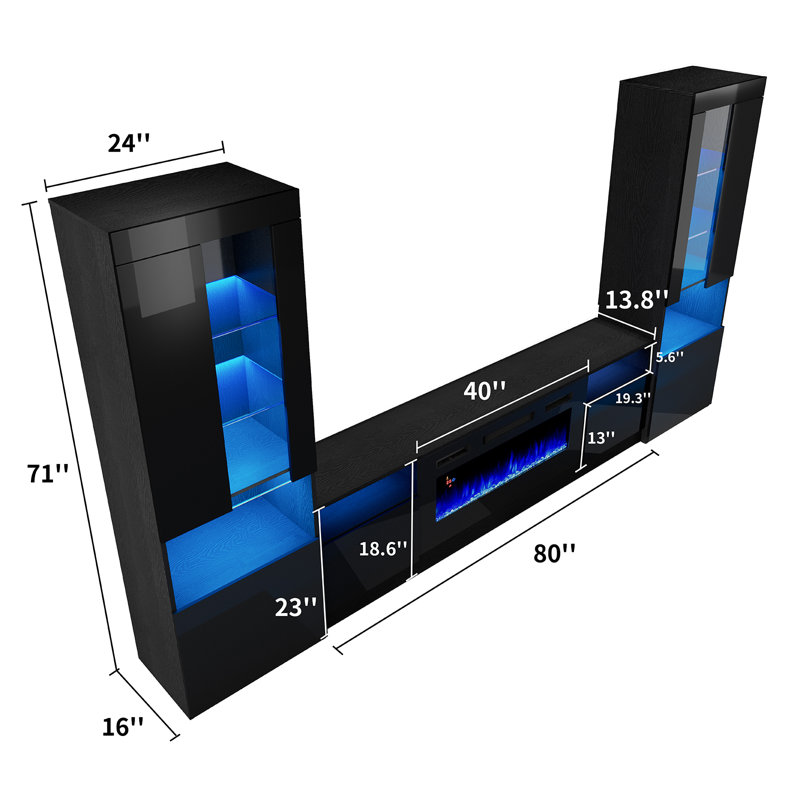 Meuble audio-vidéo Bhhatu, Noir, H 71 po x L 128 po x l 16 po