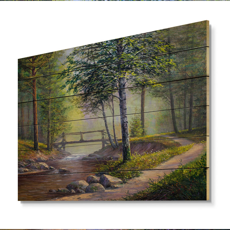 Paysage d'été d'une rivière Forest III - peinture sur bois sans cadre, H 8 po x l 12 po x P 1 po