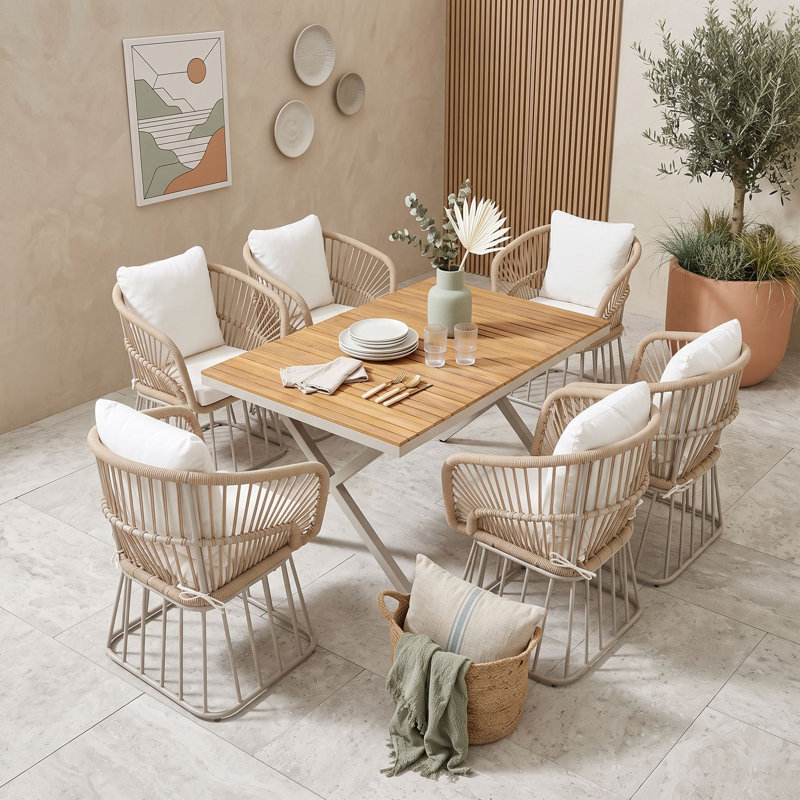 Ensemble de salle à manger 7 pièces pour l'extérieur avec table en bois et 6 fauteuils rembourrés, ensemble de salle à manger de patio avec structure en acier