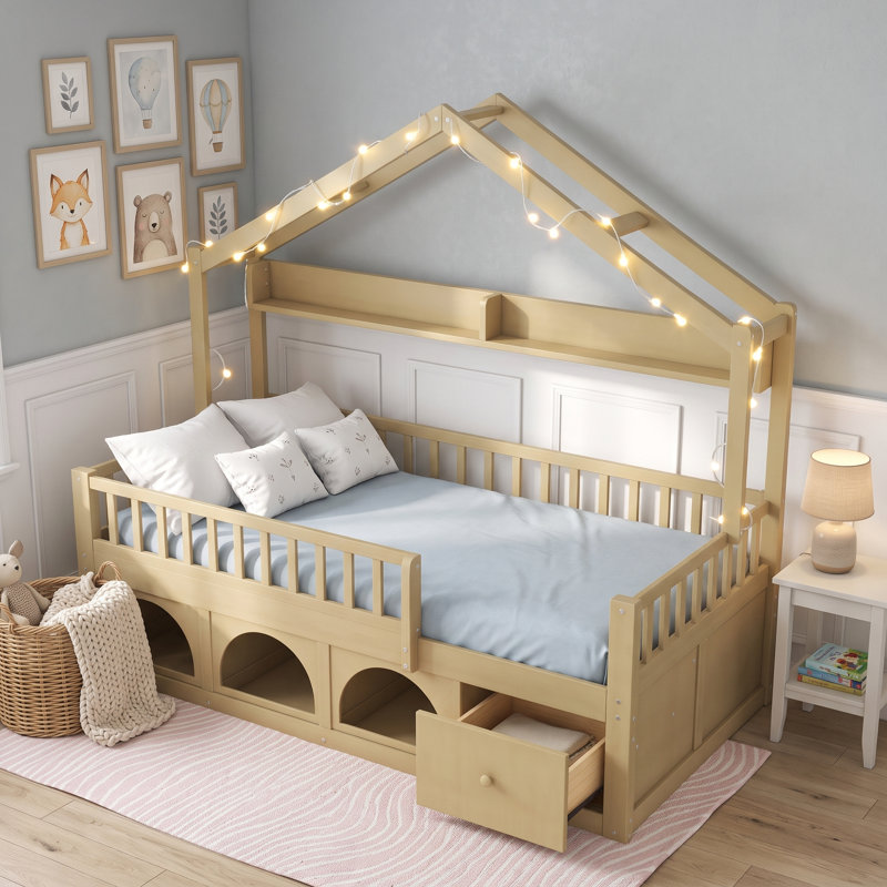 Lit plateforme simple en bois avec tiroirs et tablettes, Lit simple, Naturel