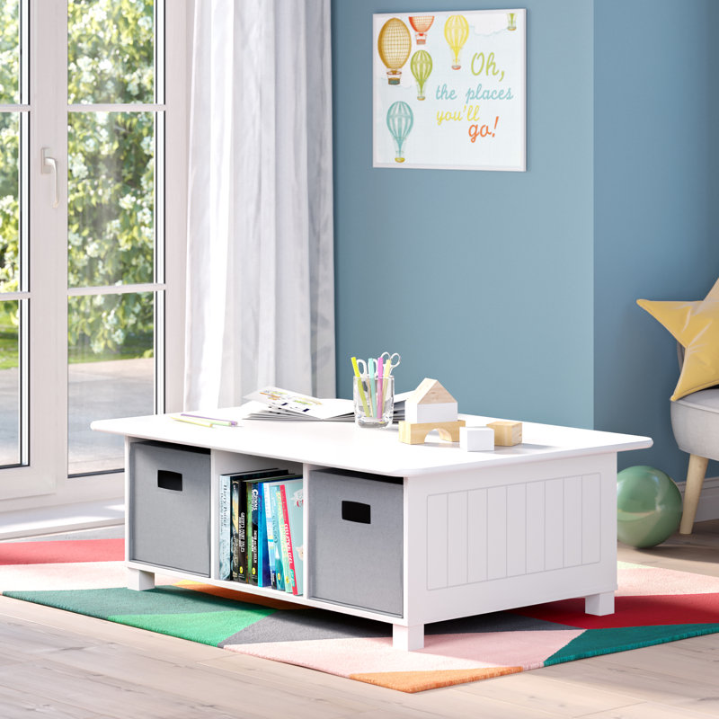 RiverRidge Kids Desk, Activity and Play Table with 6 Storage Cubbies - White with 2 Fabric Bins, White/Gray